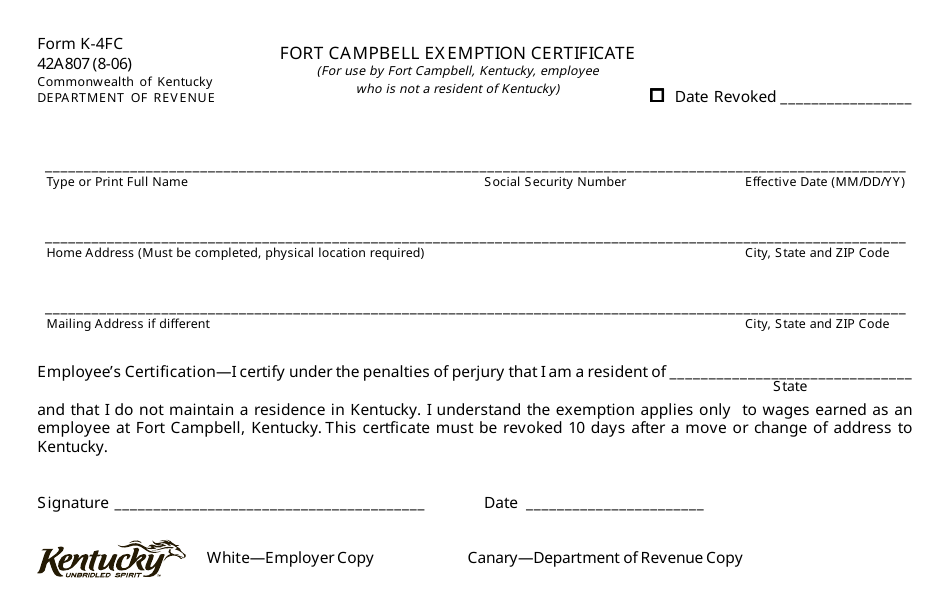 Form 42A807 (K-4FC) Fort Campbell Exemption Certificate - Kentucky, Page 1