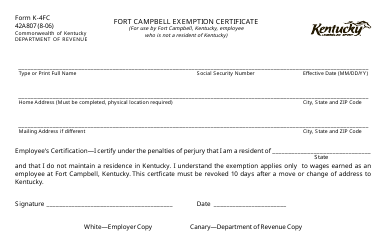 Form 42A807 (K-4FC) Fort Campbell Exemption Certificate - Kentucky, Page 2