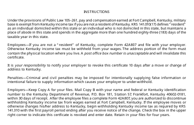 Form 42A807 (K-4FC) Fort Campbell Exemption Certificate - Kentucky, Page 3