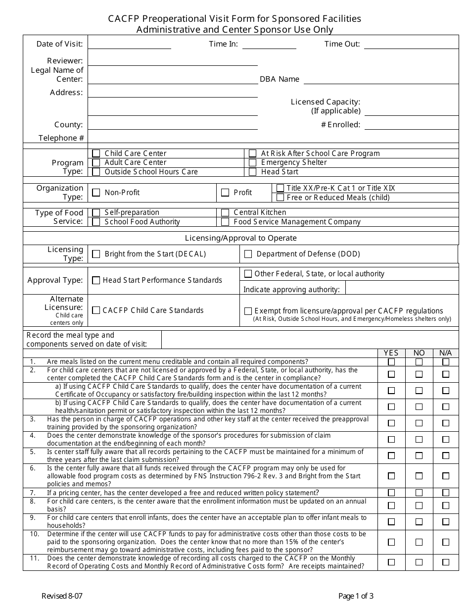 CACFP Preoperational Visit Form for Sponsored Facilities - Georgia (United States), Page 1