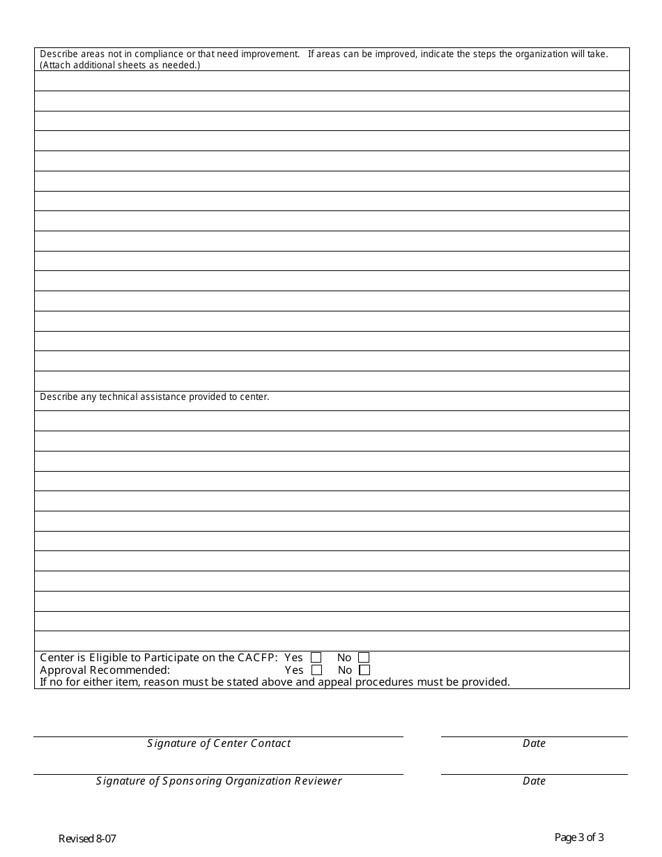 CACFP Preoperational Visit Form for Sponsored Facilities - Georgia (United States), Page 3