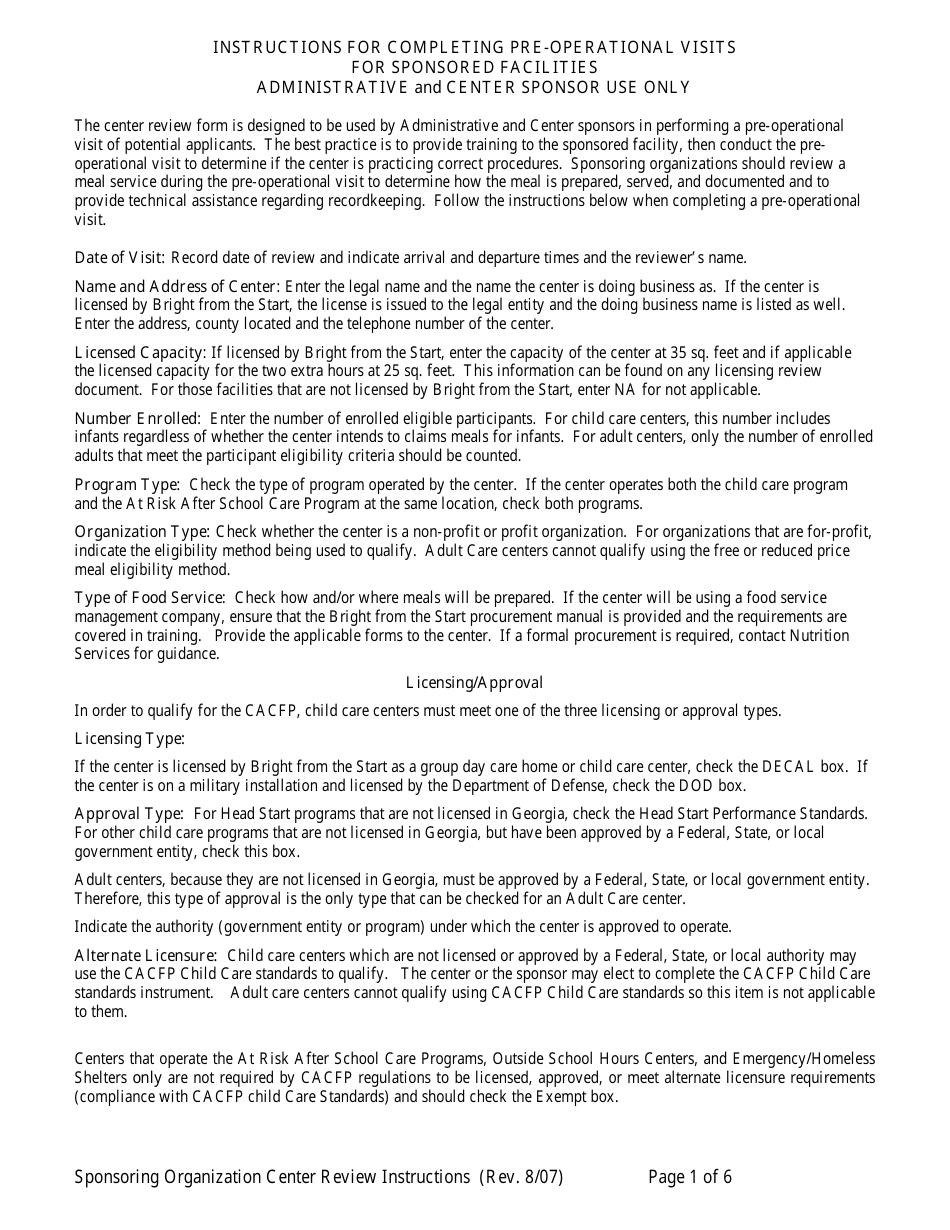 CACFP Preoperational Visit Form for Sponsored Facilities - Georgia (United States), Page 4