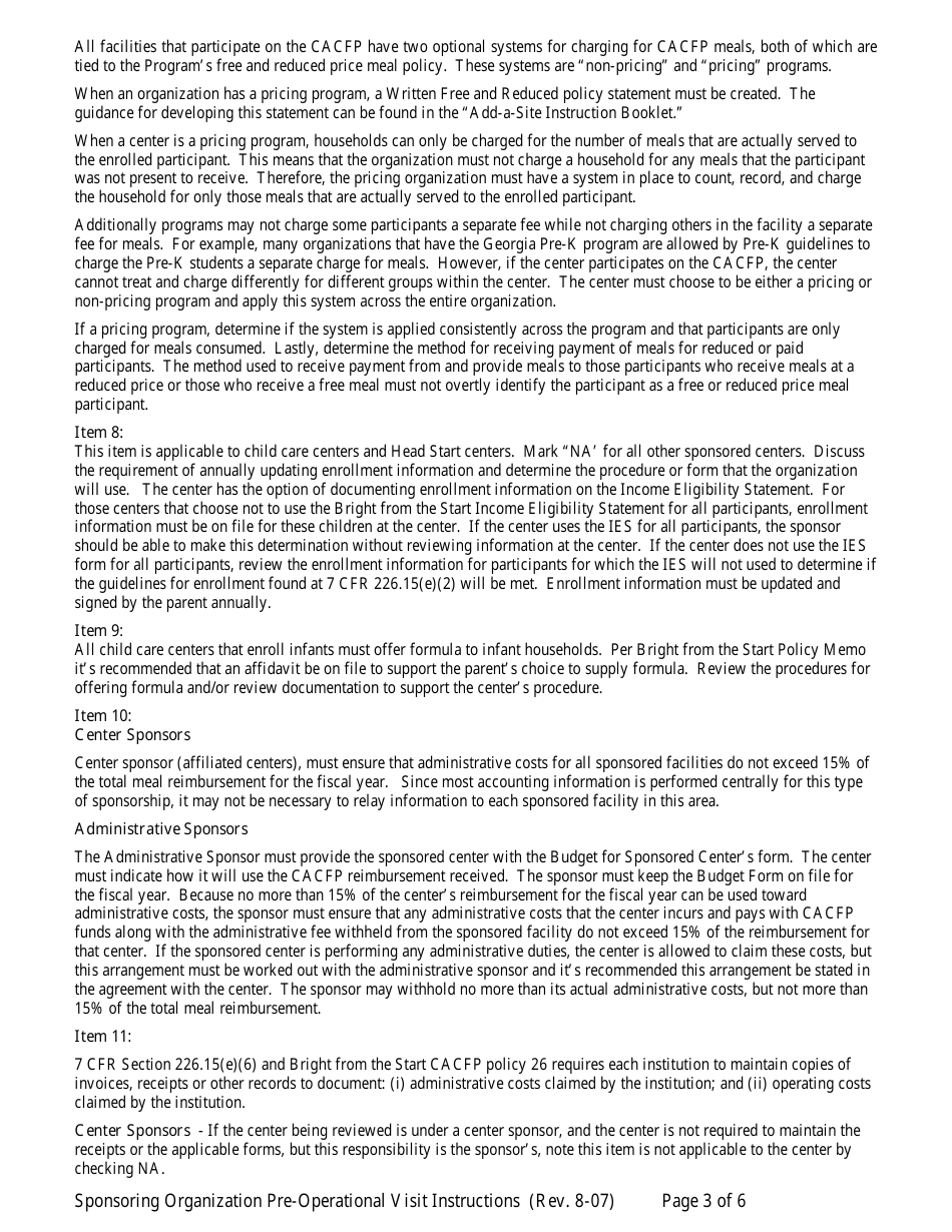 CACFP Preoperational Visit Form for Sponsored Facilities - Georgia (United States), Page 6