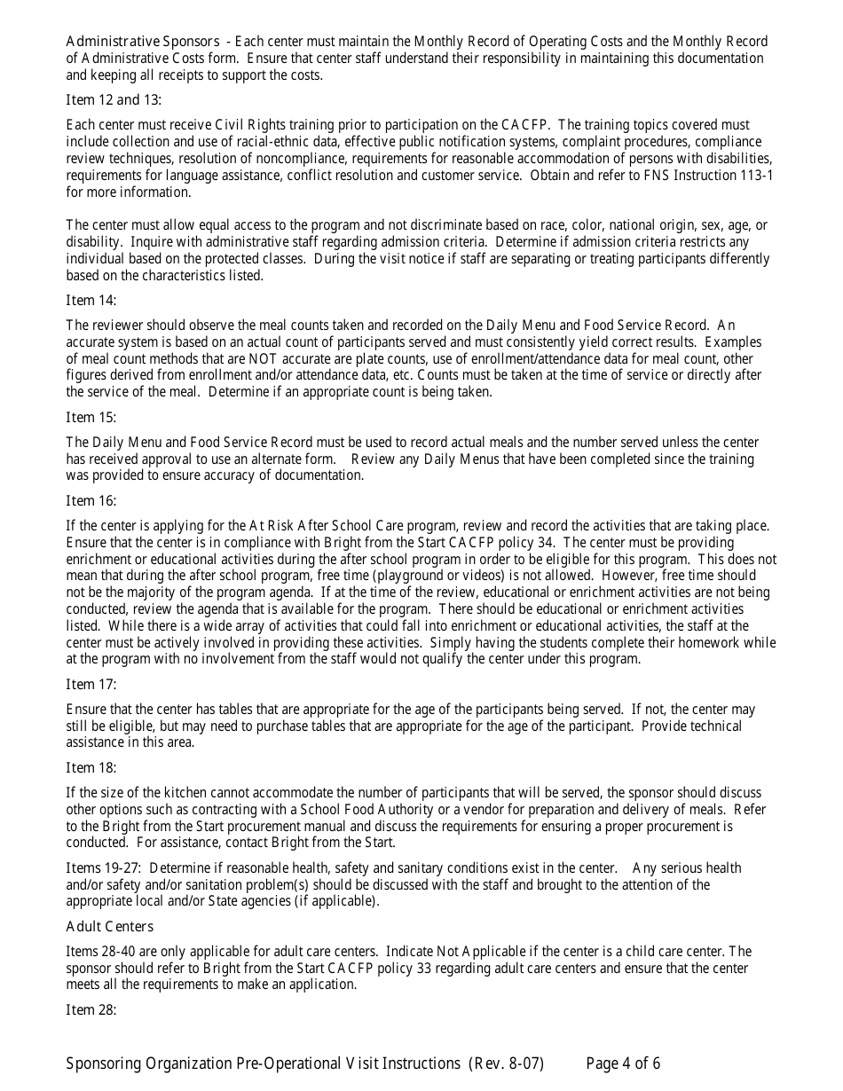 CACFP Preoperational Visit Form for Sponsored Facilities - Georgia (United States), Page 7