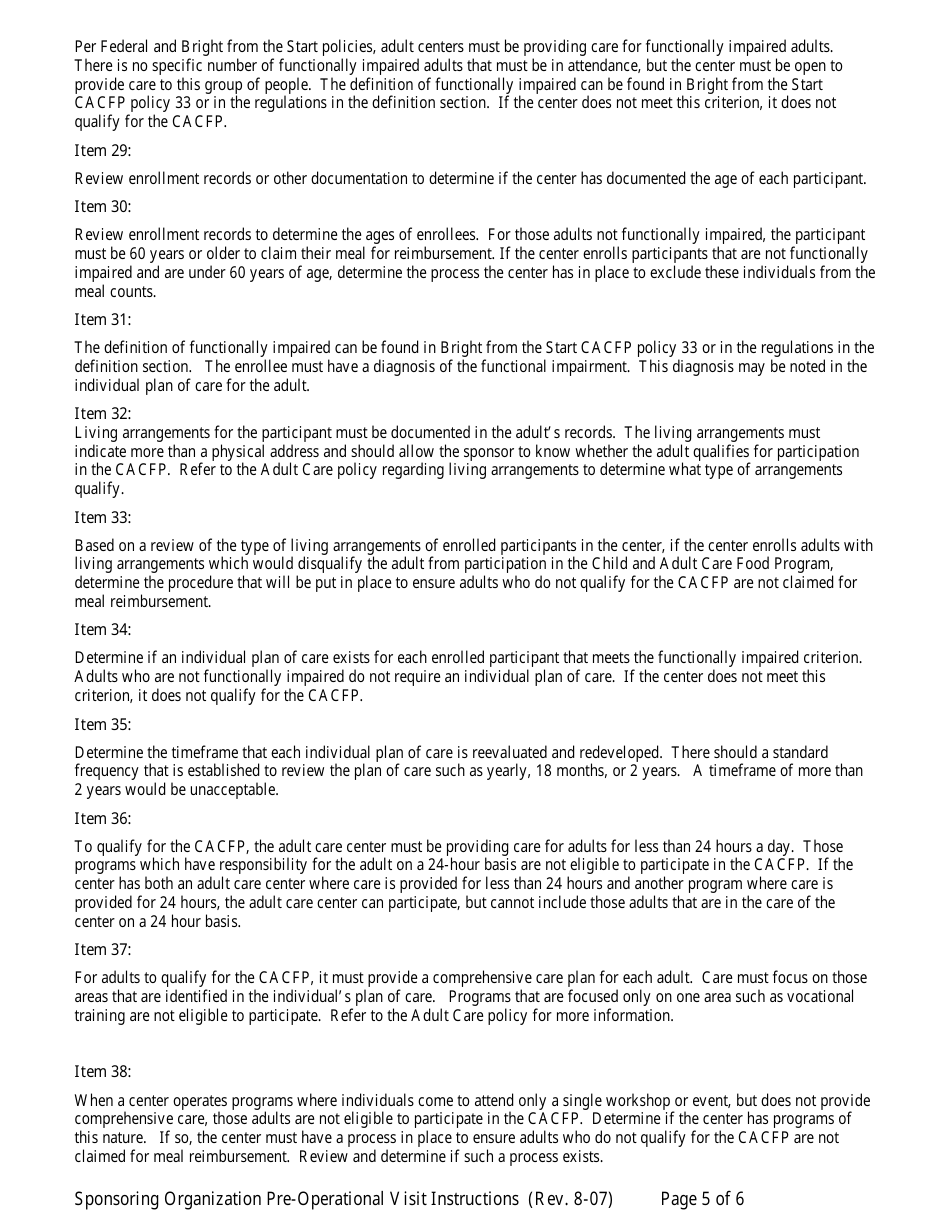 CACFP Preoperational Visit Form for Sponsored Facilities - Georgia (United States), Page 8