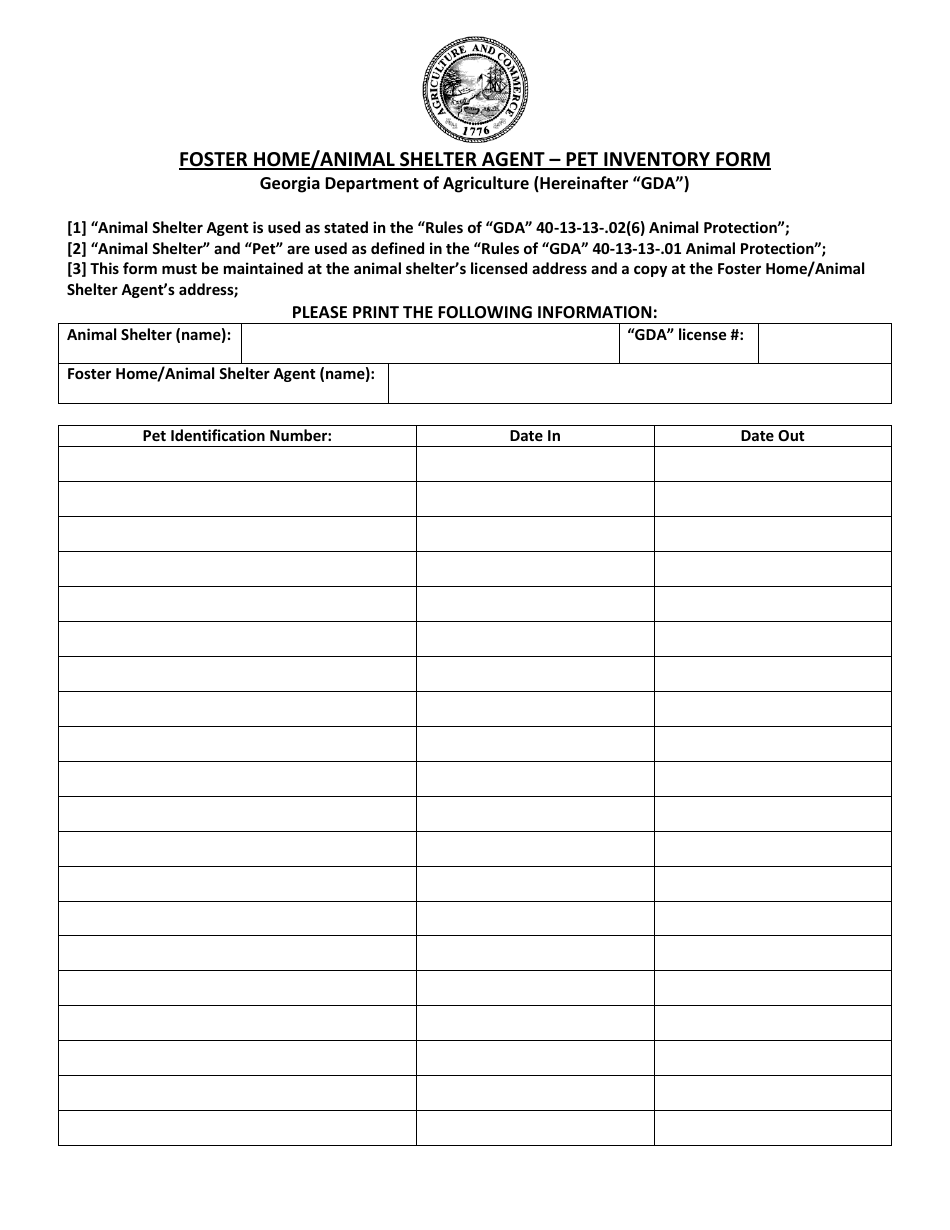 Pet Inventory Form - Foster Home / Animal Shelter Agent - Georgia (United States), Page 1
