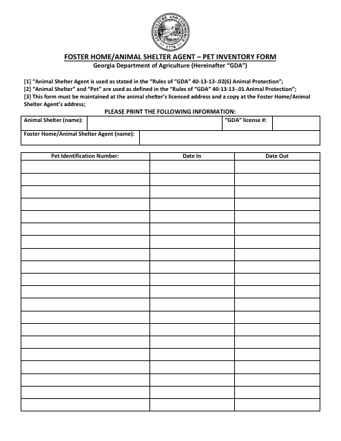Pet Inventory Form - Foster Home / Animal Shelter Agent - Georgia (United States) Download Pdf