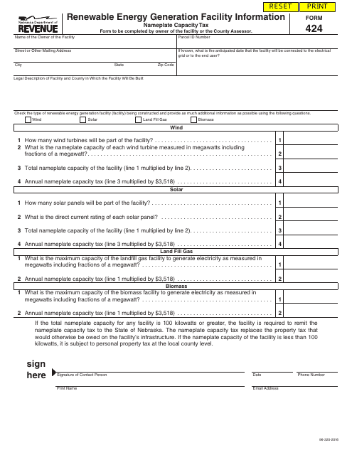 Form 424 Renewable Energy Generation Facility Information - Nameplate Capacity Tax - Nebraska