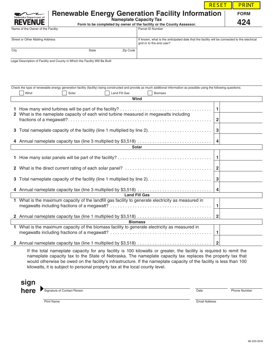 Form 424 Renewable Energy Generation Facility Information - Nameplate Capacity Tax - Nebraska, Page 1