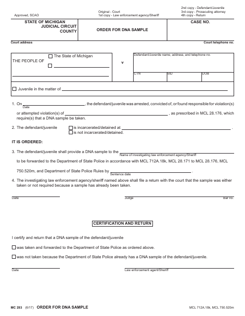 Form MC283 County Order for Dna Sample - Michigan