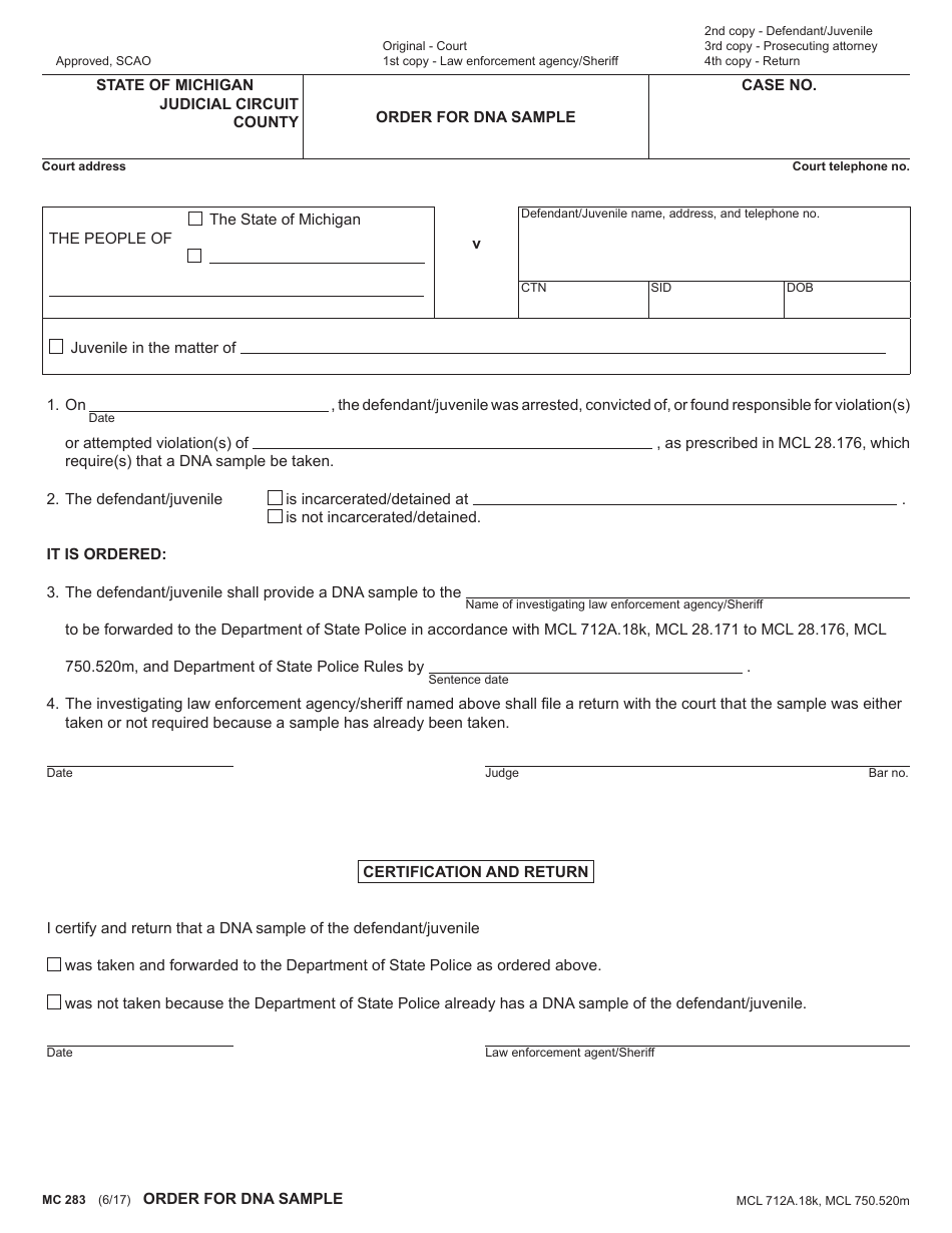 Form MC283 County Order for Dna Sample - Michigan, Page 1