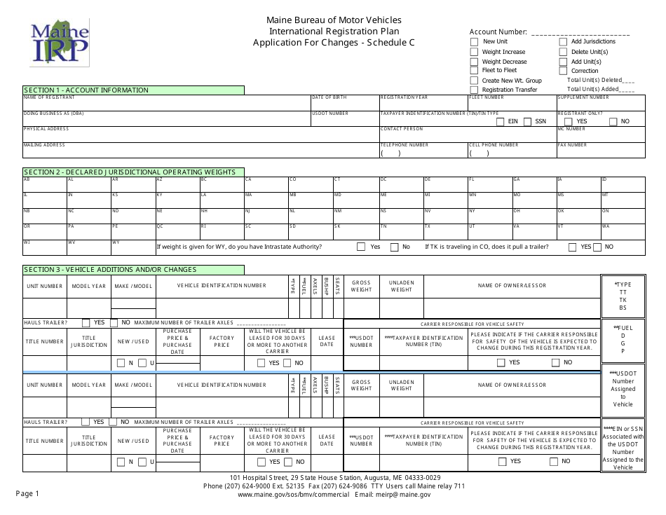 Schedule C International Registration Plan - Application for Changes - Maine, Page 1
