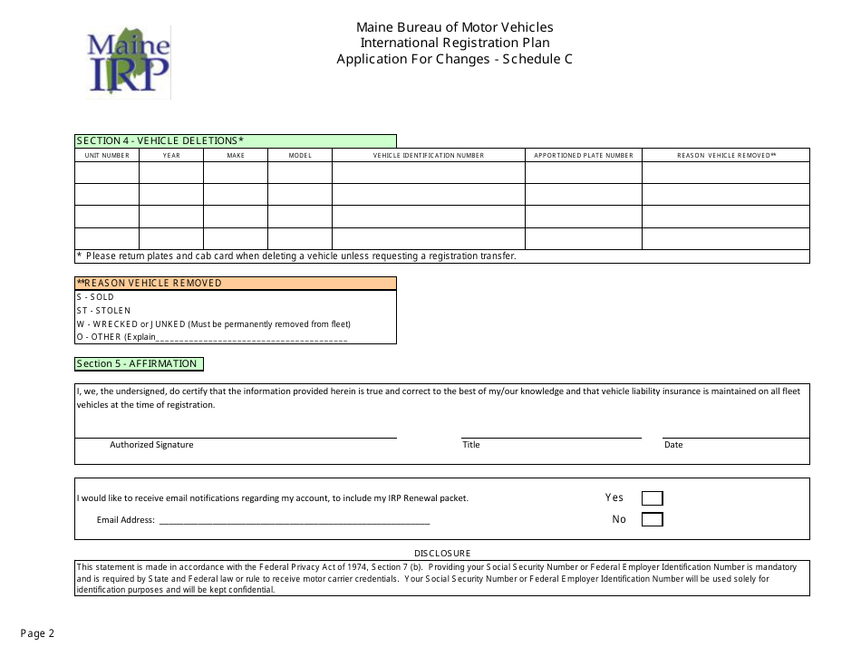 Schedule C International Registration Plan - Application for Changes - Maine, Page 2