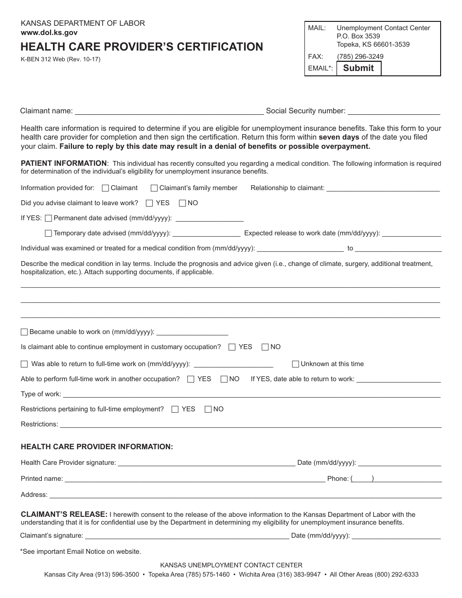 Form K-BEN312 Health Care Providers Certification - Kansas, Page 1