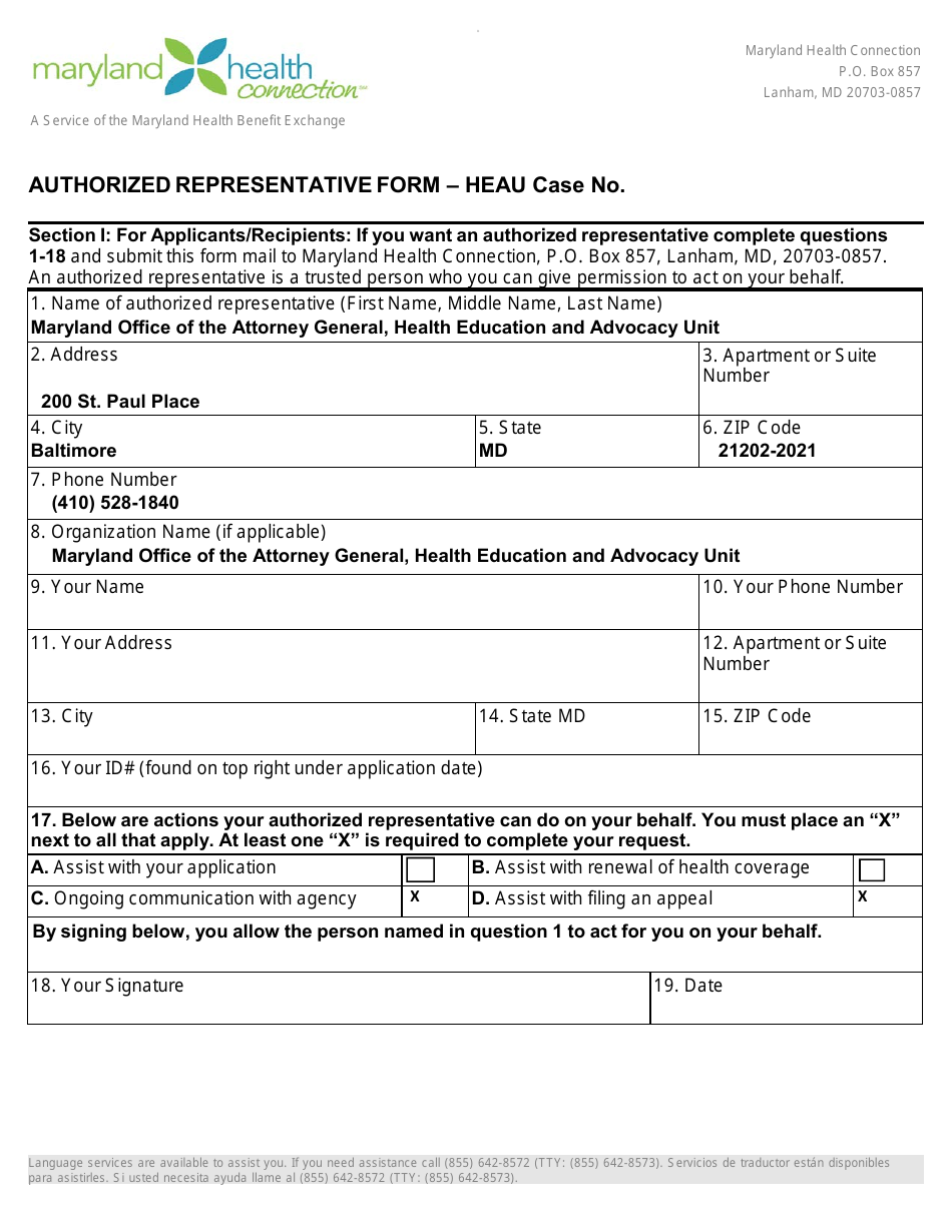 Authorized Representative Form - Heau - Maryland, Page 1