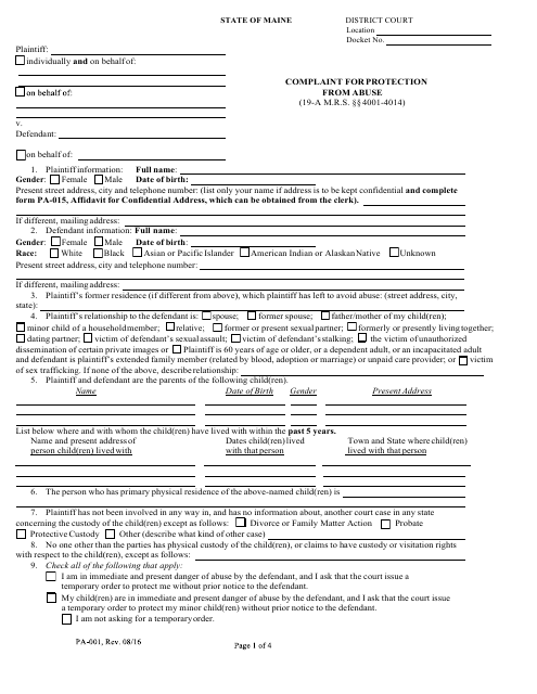 Form PA-001 Complaint for Protection From Abuse - Maine