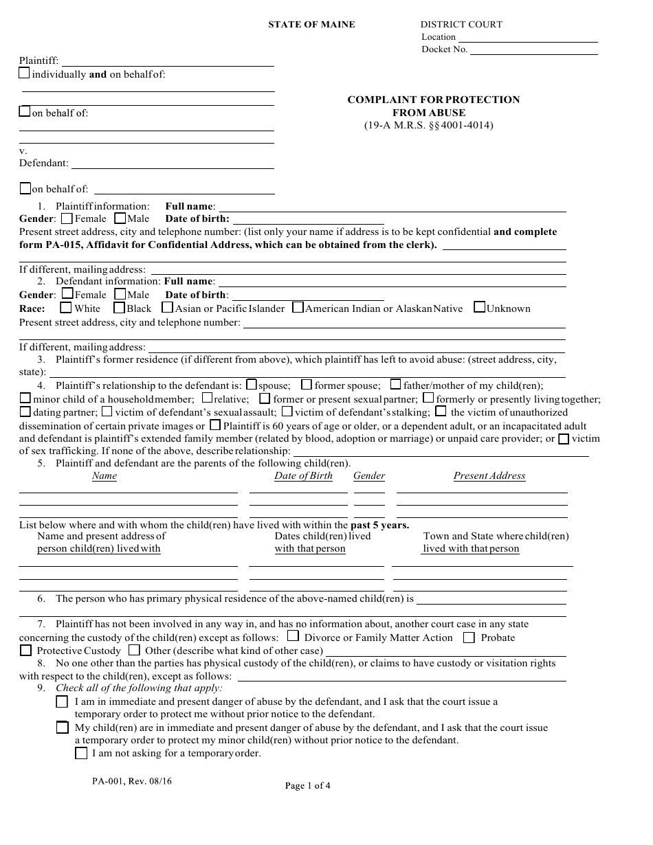 Form PA-001 Complaint for Protection From Abuse - Maine, Page 1