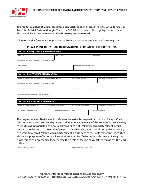 Form 3961 Request for Search of Putative Father Registry - Georgia (United States)