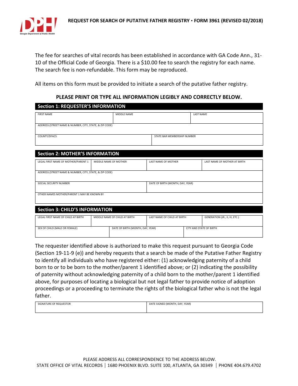 Form 3961 Request for Search of Putative Father Registry - Georgia (United States), Page 1