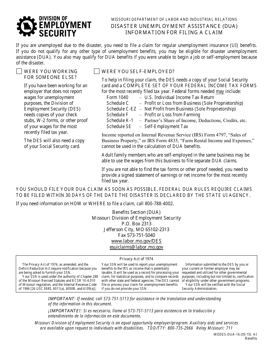 Form MODES-DUA-16 Disaster Unemployment Assistance (Dua) Information for Filing a Claim - Missouri, Page 1