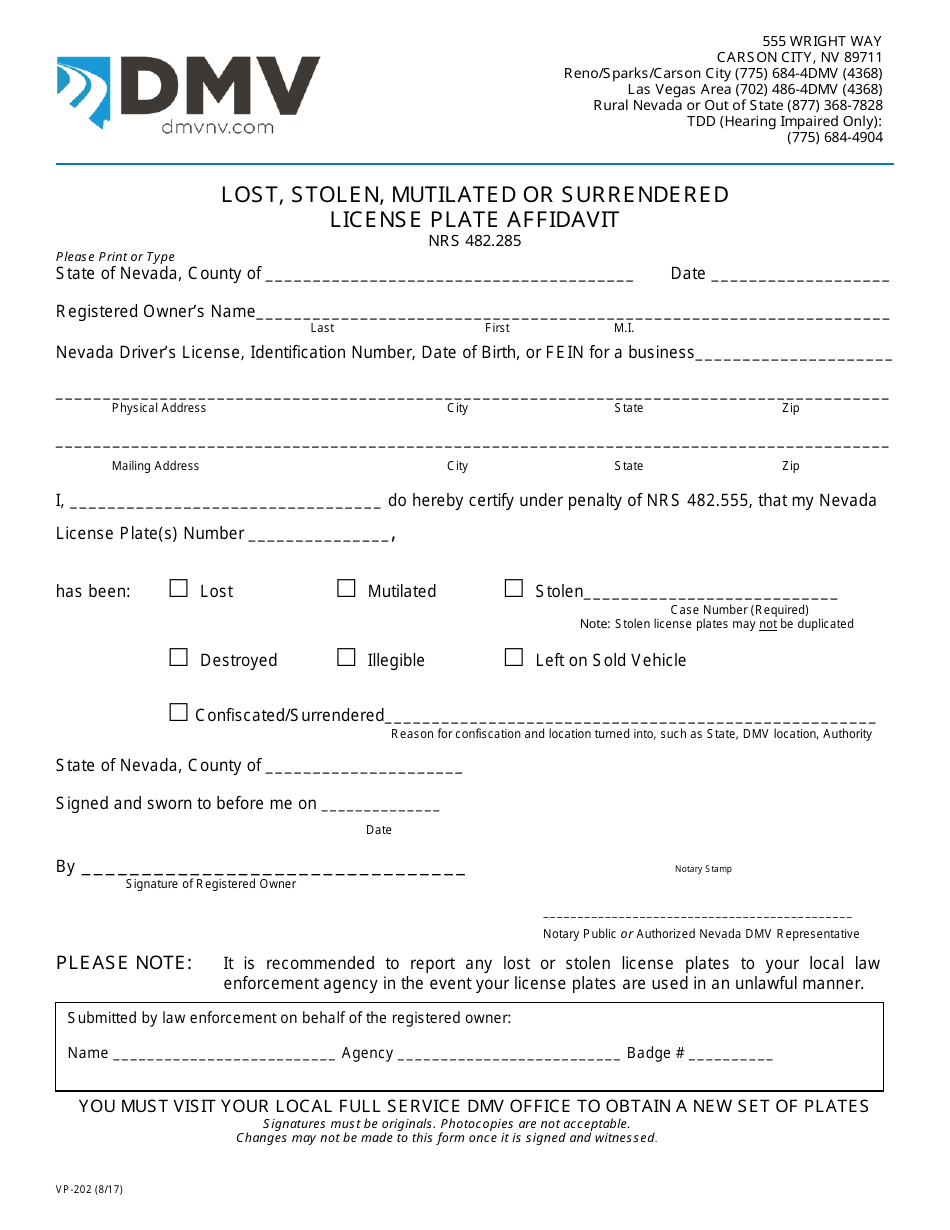 Form VP-202 Lost, Stolen, Mutilated or Surrendered License Plate Affidavit - Nevada, Page 1