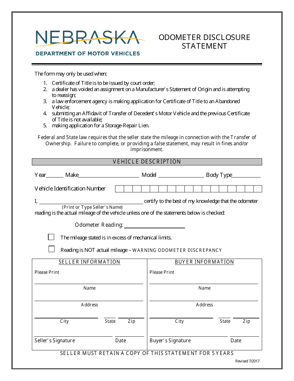 Odometer Disclosure Statement Form - Nebraska, Page 1