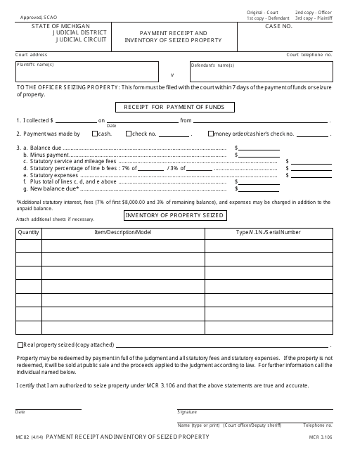 Form MC82 Payment Receipt and Inventory of Seized Property - Michigan