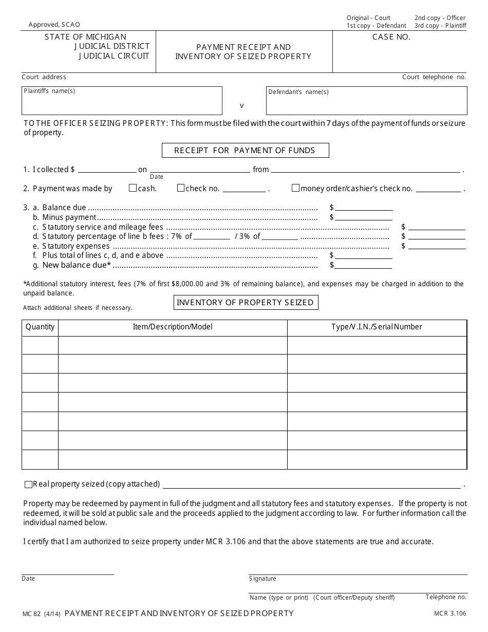 Form MC82 Payment Receipt and Inventory of Seized Property - Michigan, Page 1