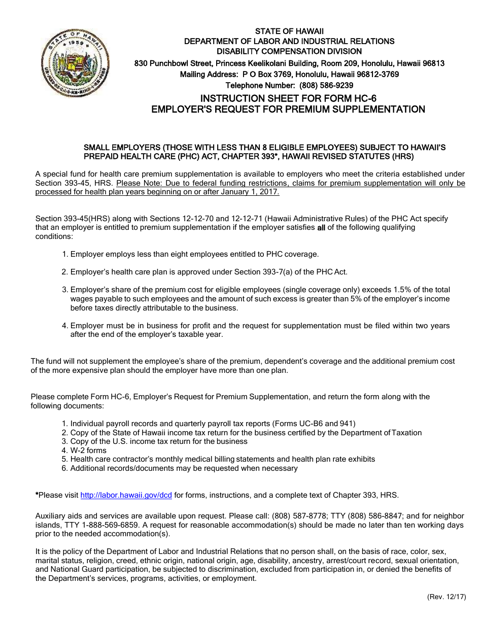 Form HC-6 Employers Request for Premium Supplementation - Hawaii, Page 1