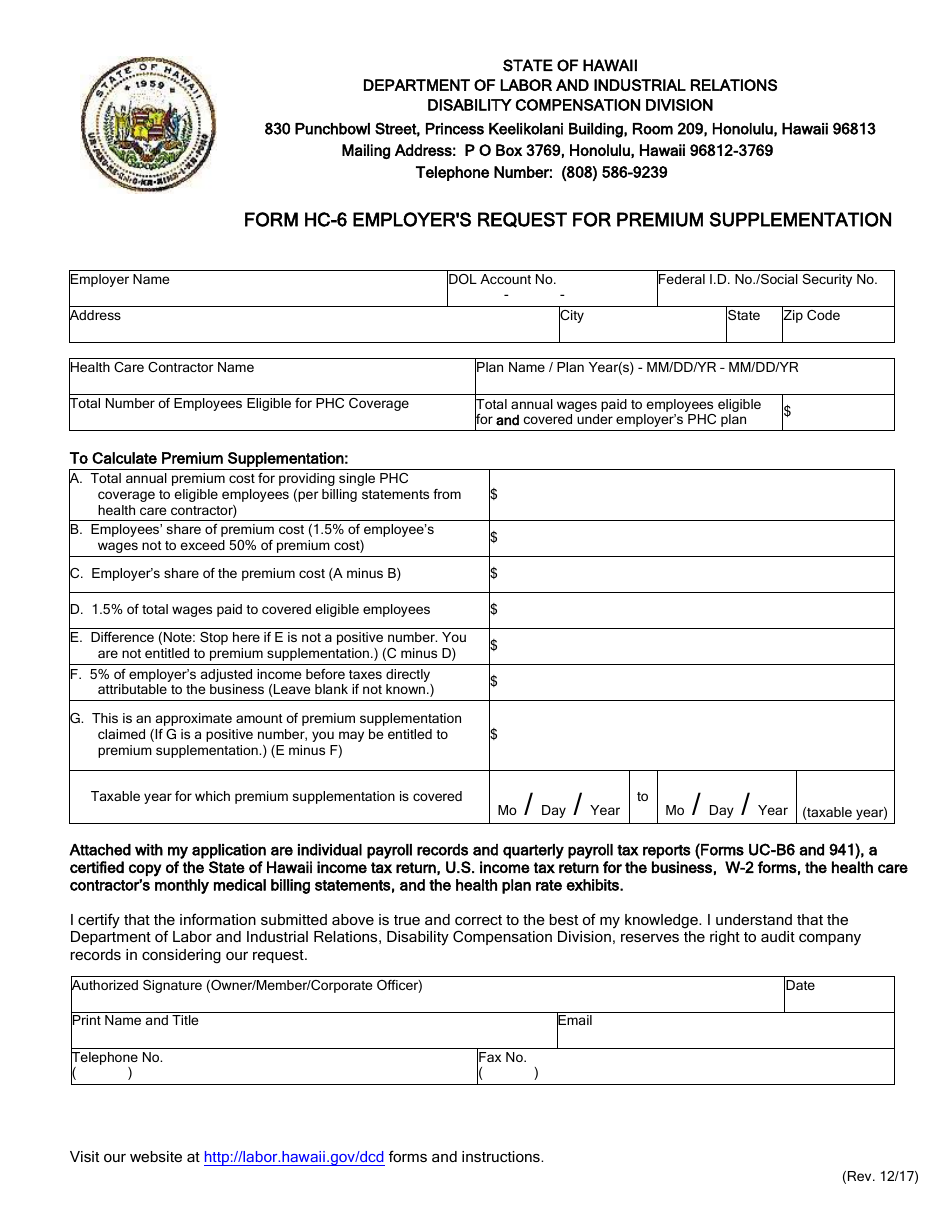 Form HC-6 Employers Request for Premium Supplementation - Hawaii, Page 2