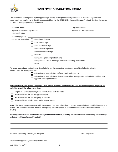 Form CFN552-0772 Employee Separation Form - Iowa