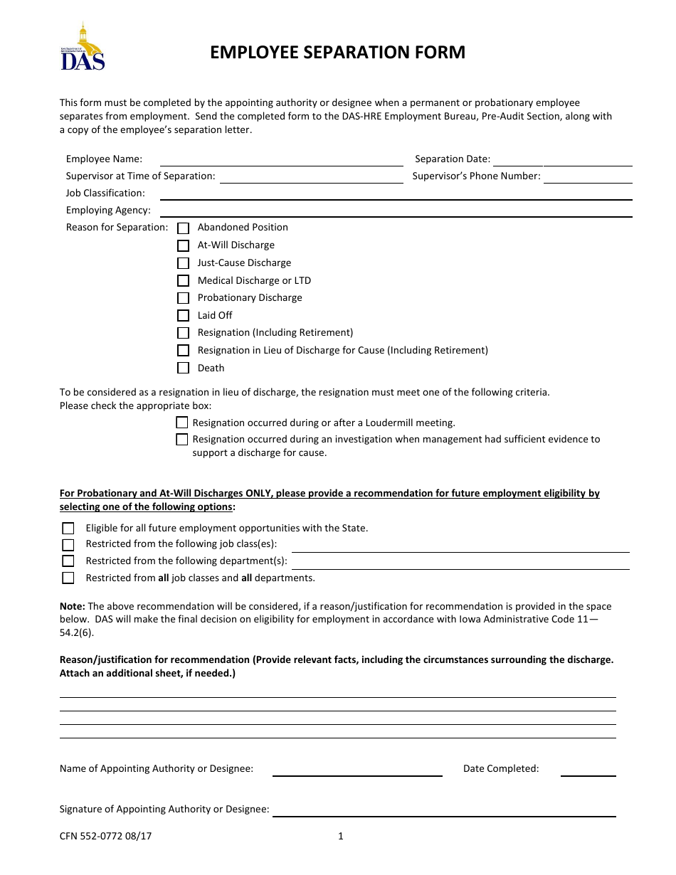 Form CFN552-0772 Employee Separation Form - Iowa, Page 1