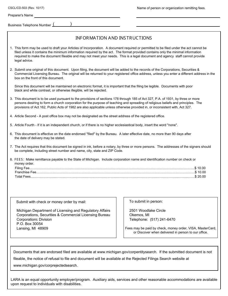 Form CSCL / CD-503 Articles of Incorporation for Use by Ecclesiastical Corporations - Michigan, Page 3