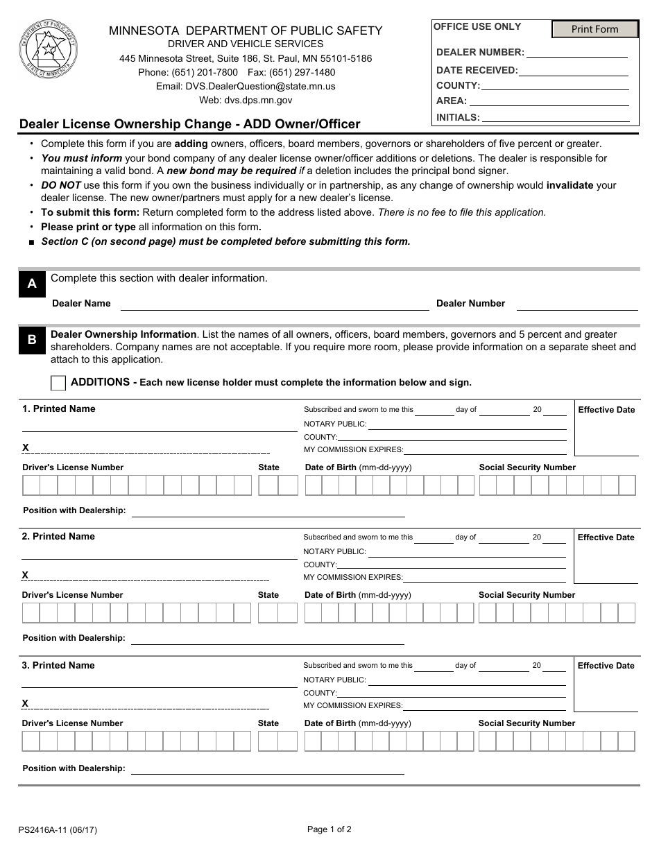 Form PS2416A-11 Dealer License Ownership Change - Add Owner / Officer - Minnesota, Page 1