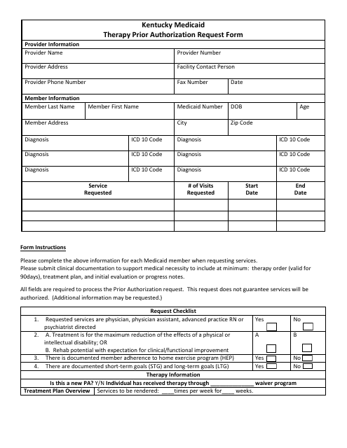 Kentucky Medicaid Therapy Prior Authorization Request Form - Kentucky Download Pdf