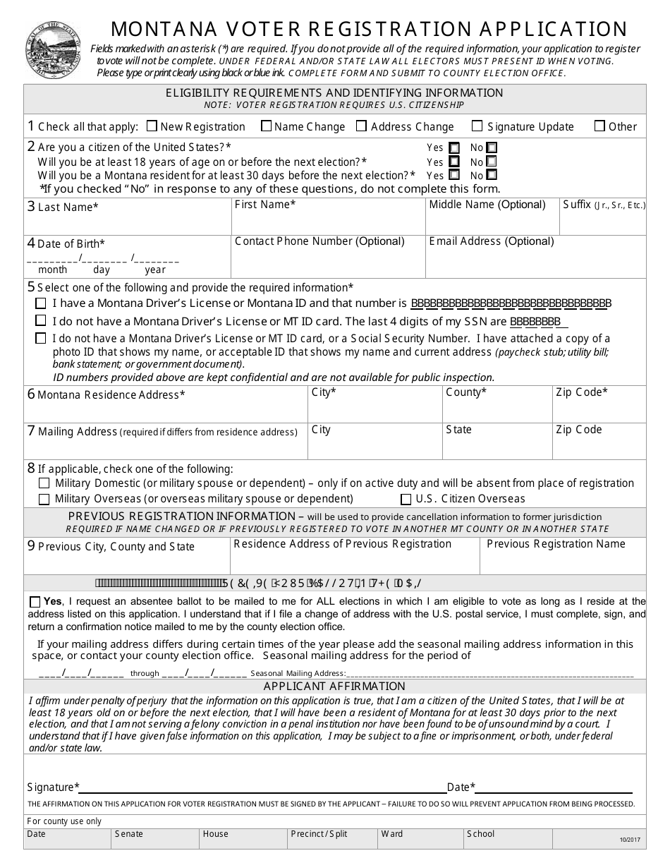 Montana Voter Registration Application Form - Montana, Page 1