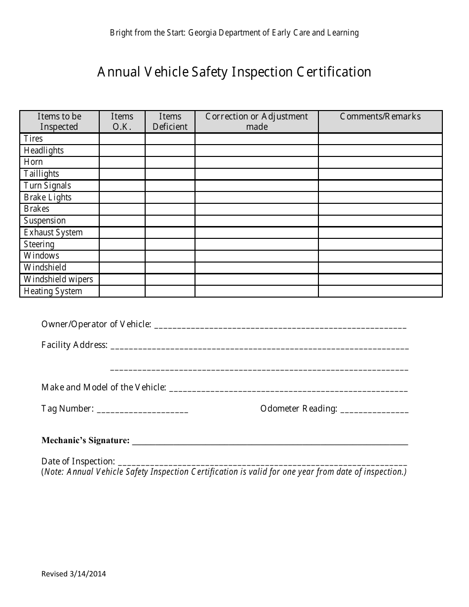 (United States) Annual Vehicle Safety Inspection Certification