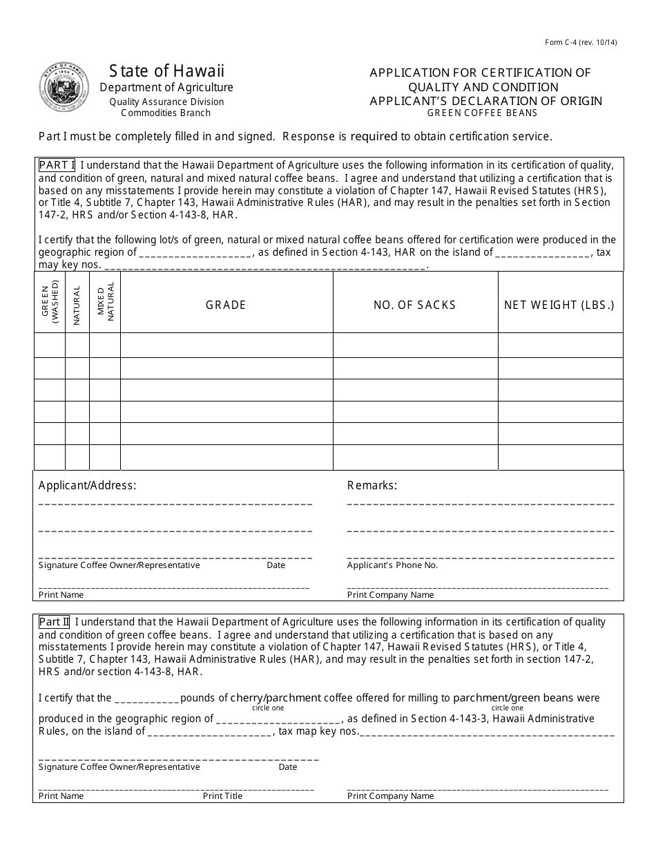 Form C-4 Application for Certification of Quality and Condition Applicants Declaration of Origin - Hawaii, Page 1