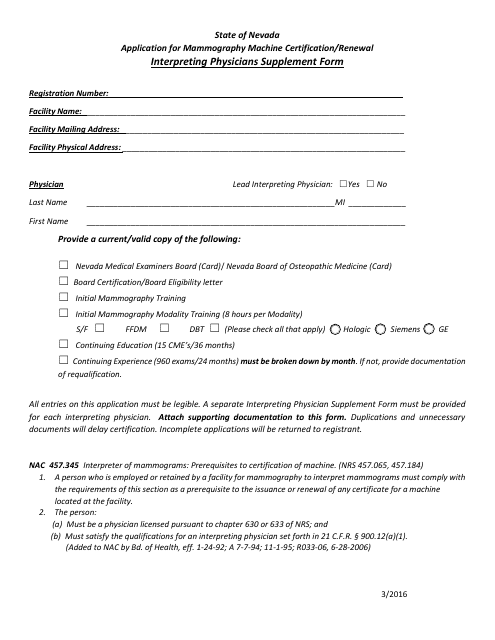 Application for Mammography Machine Certification / Renewal Interpreting Physicians Supplement Form - Nevada Download Pdf
