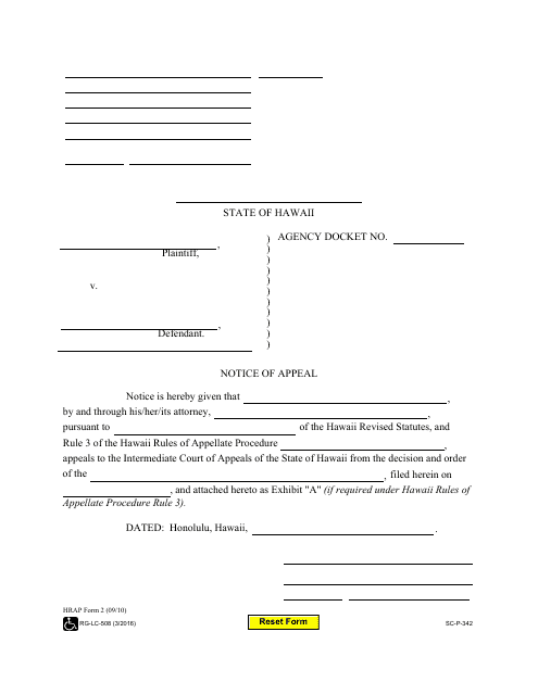 HRAP Form 2 (SC-P-342) Notice of Appeal - Hawaii