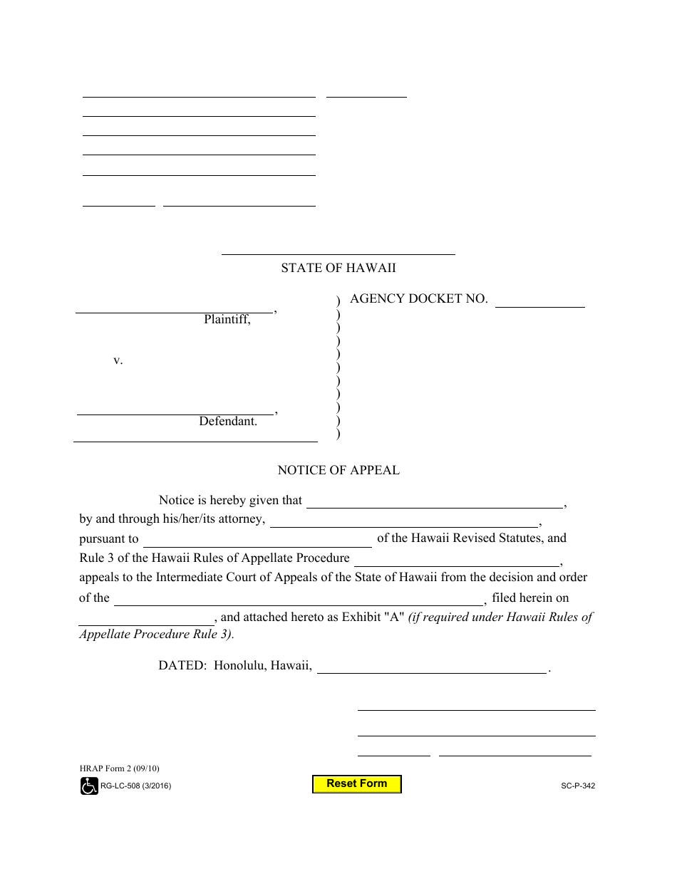 HRAP Form 2 (SC-P-342) Notice of Appeal - Hawaii, Page 1