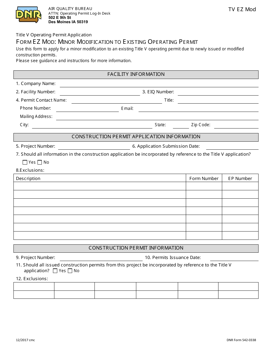 DNR Form 542-0338 (EZ MOD) Minor Modification to Existing Operating Permit - Iowa, Page 1