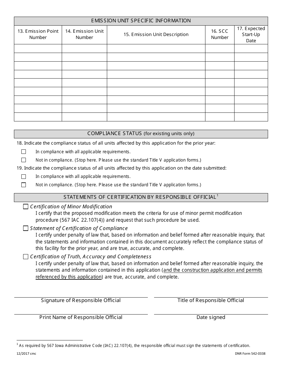DNR Form 542-0338 (EZ MOD) Minor Modification to Existing Operating Permit - Iowa, Page 2