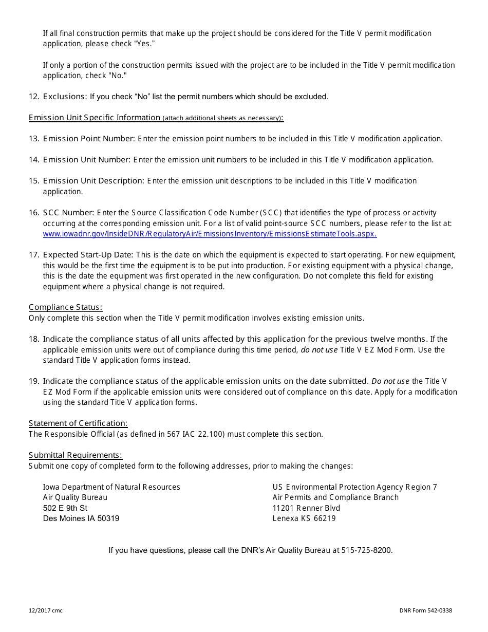 DNR Form 542-0338 (EZ MOD) Minor Modification to Existing Operating Permit - Iowa, Page 5