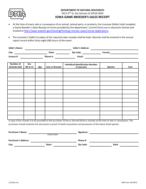 DNR Form 542-8072 Iowa Game Breeder's Sales Receipt - Iowa