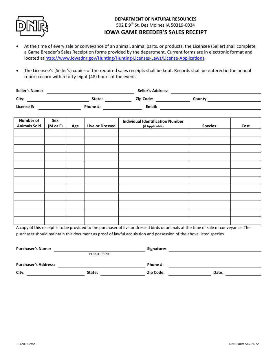 DNR Form 542-8072 Iowa Game Breeders Sales Receipt - Iowa, Page 1
