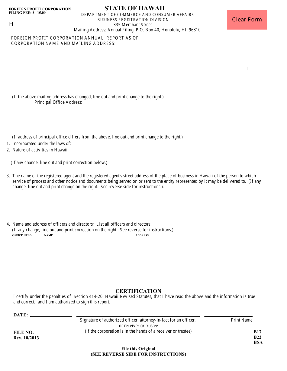 Foreign Profit Corporation Annual Report Form - Hawaii, Page 1