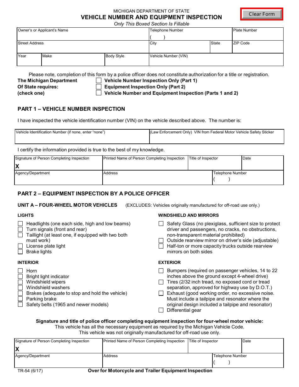 Form TR-54 Vehicle Number and Equipment Inspection - Michigan, Page 1