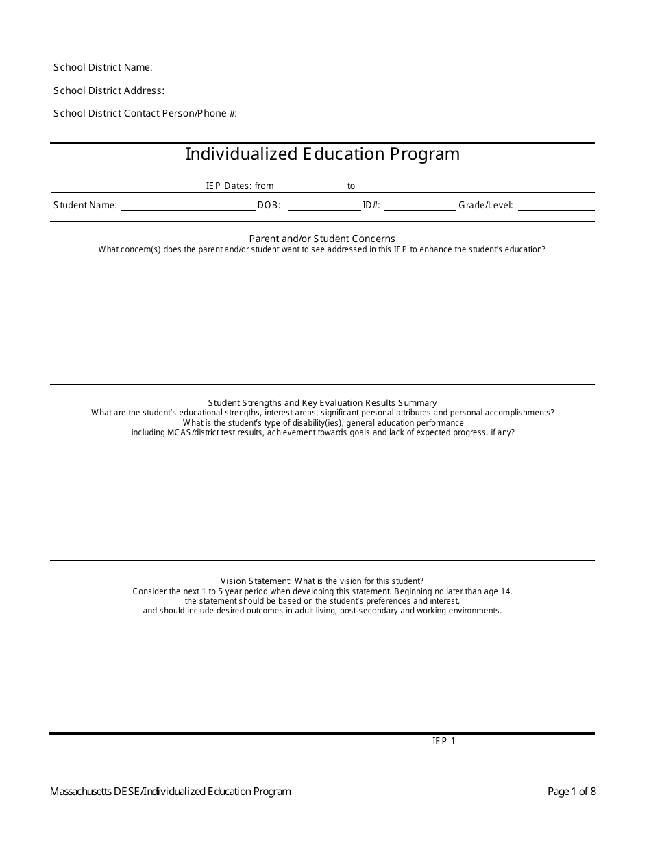 Individualized Education Program - Massachusetts, Page 1