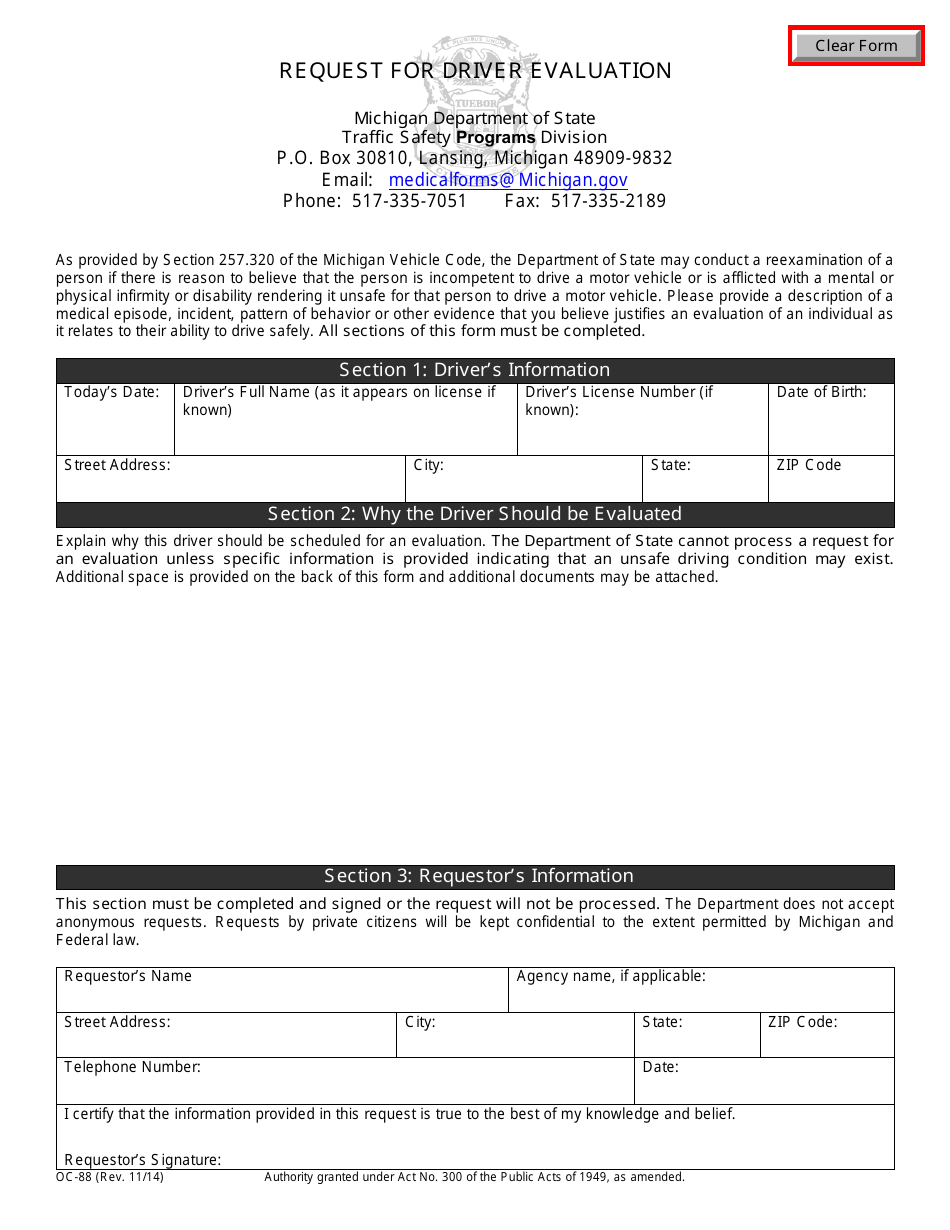 Form OC-88 Request for Driver Evaluation - Michigan, Page 1